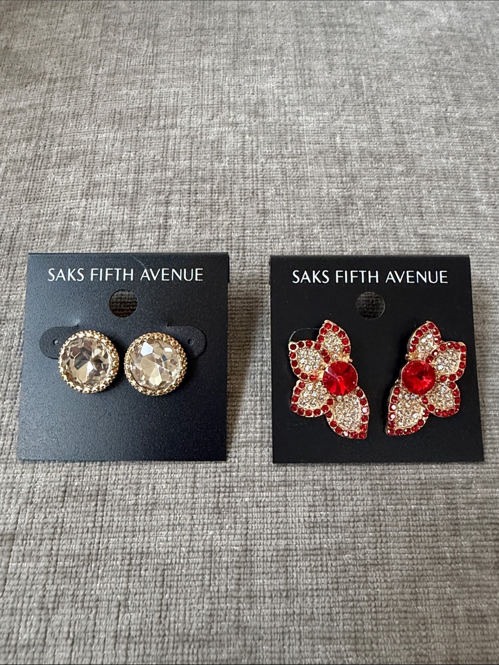 Saks Fifth Avenue Red Crystal Flower & Clear Crystal Stud Earring Set